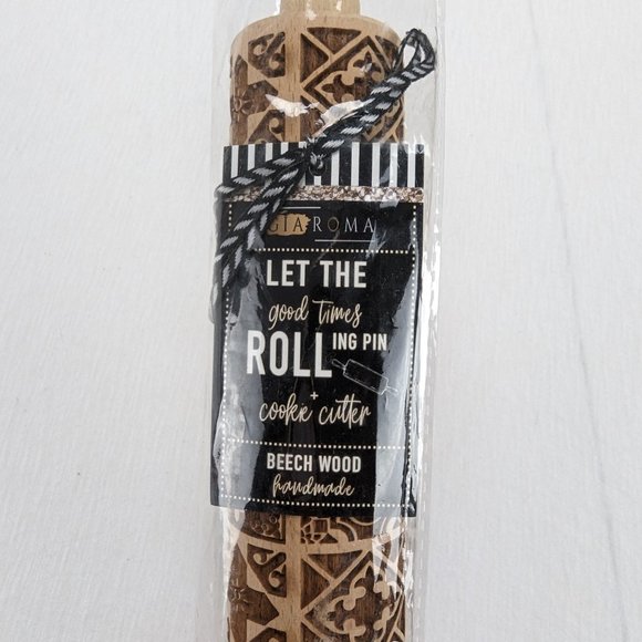 Gia Roma Beech Wood Rolling Pin & Cookie Cutter Boho Squares Handmade New - Picture 1 of 8